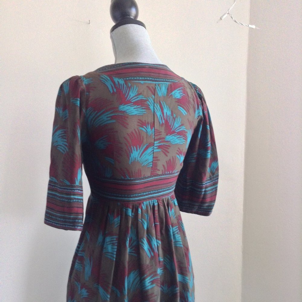 BETSEY JOHNSON V-NECK EMPIRE WAIST PRINT GREEN SHORT MINI DRESS 3/4 LONG SLEEVE - Picture 7 of 11